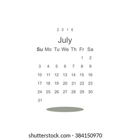 Calendar July 2016 vector design. Week starts from Sunday.