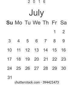 Calendar July 2016 vector design. Week starts from Sunday.