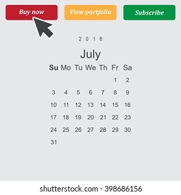 Calendar July 2016 vector design. Week starts from Sunday.