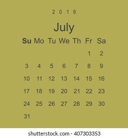 Calendar July 2016 vector design. Week starts from Sunday.