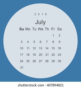 Calendar July 2016 vector design. Week starts from Sunday.