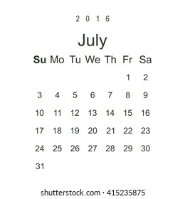 Calendar July 2016 vector design. Week starts from Sunday.