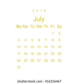Calendar July 2016 vector design. Week starts from Sunday.