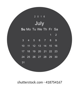 Calendar July 2016 vector design. Week starts from Sunday.