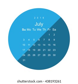 Calendar July 2016 vector design. Week starts from Sunday.