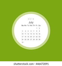 Calendar July 2016 vector design. Week starts from Sunday.