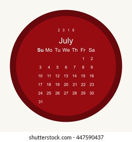 Calendar July 2016 vector design. Week starts from Sunday.