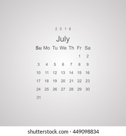 Calendar July 2016 vector design. Week starts from Sunday.