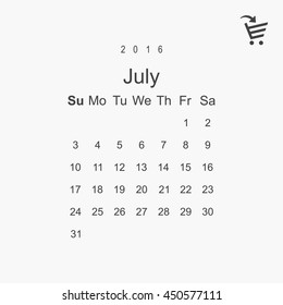 Calendar July 2016 vector design. Week starts from Sunday.