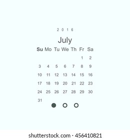 Calendar July 2016 vector design. Week starts from Sunday.