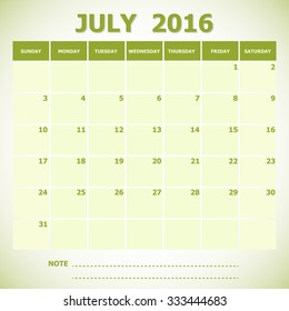 Calendar July 2016 week starts Sunday, stock vector