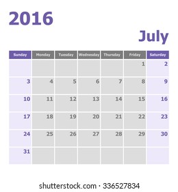 Calendar July 2016 week starts from Sunday, stock vector