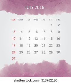 Calendar for july 2016.Vector illustration.