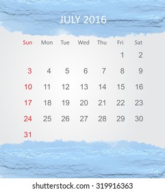 Calendar for july 2016.Vector illustration.