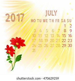 Calendar July 2017  and flower Red Dahlia vector illustration