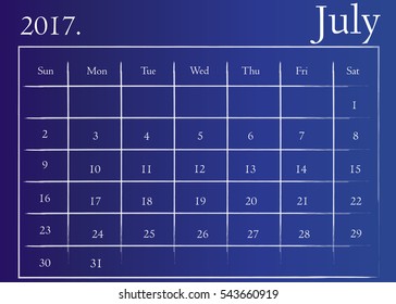 Calendar for July 2017. July 2017 Calendar Icon Vector flat design style