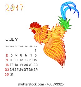 Calendar for July 2017. Standing golden rooster. Illustration without gradients.