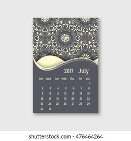 Calendar july 2017 start sunday with hand drawn mandala pattern. Vintage oriental style with grunge effect. Vector illustration.