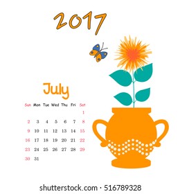 Calendar July 2017. Vector Template. Week starts Sunday