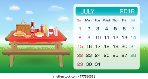 calendar of JULY 2018 month theme outdoor picnic