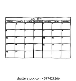 calendar July 2018 - vector illustration sketch hand drawn with black lines, isolated on white background