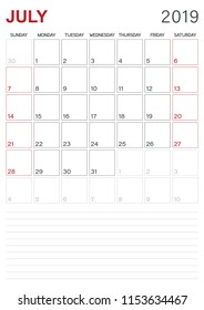 Calendar July 2019, monthly planner,  week starts on Sunday, desk calendar template, vector illustration