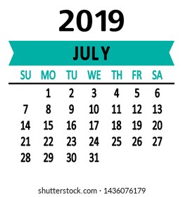 Calendar july 2019. Seventh page of set. Weeks from Sunday. Vector illustration