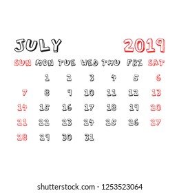 Calendar july 2019 year in cartoon child style. Calendar planner design template. Agenda july monthly reminder. Business vector illustration.