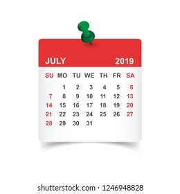 Calendar july 2019 year in paper sticker with pin. Calendar planner design template. Agenda july monthly reminder. Business vector illustration.