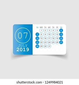 Calendar july 2019 year in paper sticker with shadow. Calendar planner design template. Agenda july monthly reminder. Business vector illustration.