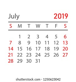 Calendar july 2019 year in simple style. Calendar planner design template. Agenda july monthly reminder. Business vector illustration.
