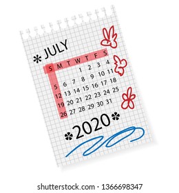 Calendar for July 2020. Vector calendar template on checkered sheet of paper. Hand drawn scribble elements. Week starts on Sunday.