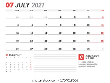 Calendar  for July 2021. Business monthly planner. Stationery design. Week starts on Monday. Vector illustration