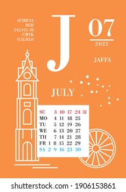 Calendar for July 2022. The background color is "Jaffa", the letter of the month "J" is July. The layout has color information: color name, color code, and data in cmyk, rgb.