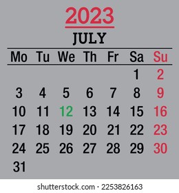 calendar of july 2023 icon vector editable and isolated on background