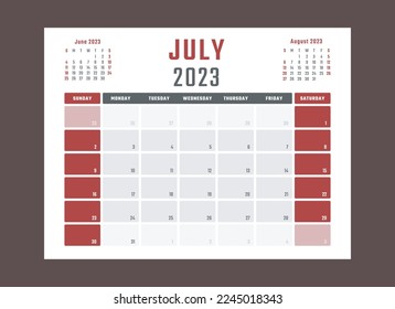 calendar for july 2023 starts sunday, vector calendar design july 2023 year