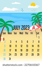 calendar july 2023. calendar template with sea and beach.  summer concept. week starts sunday