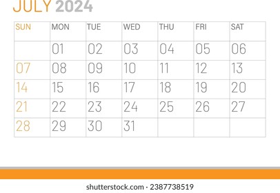 Calendar July 2024, corporate design template vector. Desk calendar 2024