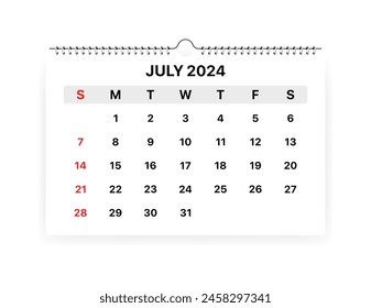 Calendar July 2024 month icon. Flat style. Vector icon
