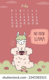 Calendar for July 2024, week from Monday to Sunday. Cute llama with cup of coffee. No problem card. Alpaca cartoon character. Funny animal in scandinavian style. Vector illustration