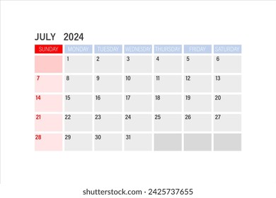 Calendar for July 2024. The week starts on Sunday