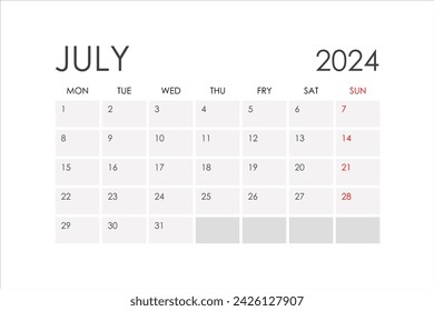 Calendar for July 2024. The week starts on Monday. Glider