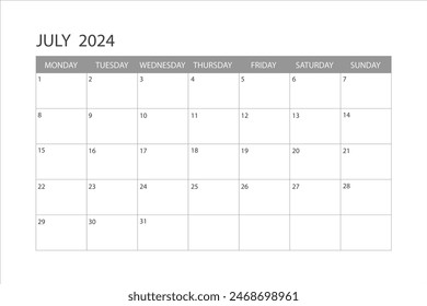 Calendar for July 2024. The week starts on Monday. Glider.