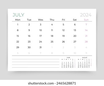 Calendar for July 2024 year. Planner calender template. Week starts Monday. Monthly organizer. Table schedule layout. Timetable grid. Desk corporate diary. Vector simple illustration. Paper size A5