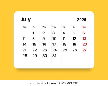 Calendar july 2025 icon in flat style. Planner vector illustration on isolated background. Calender sign business concept.