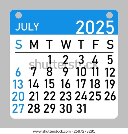 Calendar July 2025 icon in flat style. The week begins on Sunday, with concepts of time, planning, and scheduling, along with a removable calendar for the month. Flat design. 