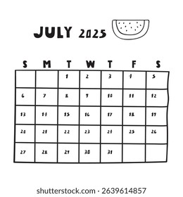 Calendar for July 2025. Vector illustration on white background.
