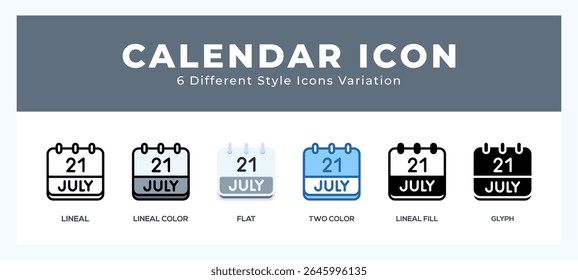 Calendar july icon symbol set. outline. glyph black. flat color and filled line color. 
