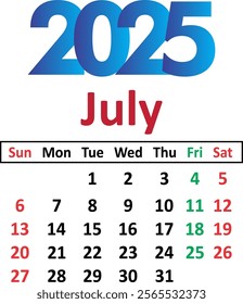 Calendar July month 2025 icon in flat style. Planner vector illustration on isolated background. Calendar sign business concept. Simple modern monthly calendar layout design, wall calendar for print.