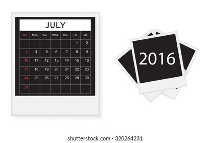Calendar for july2016.Vector illustration.